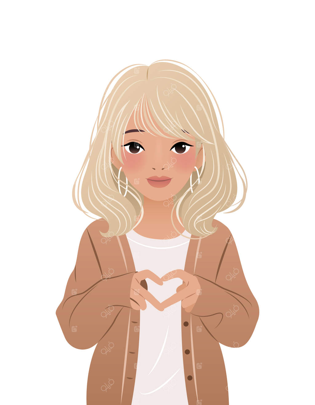 زن جوان زیبا که با دستانش علامت قلب را نشان می‌دهد - تصویر برداری برای چاپ پوسترها