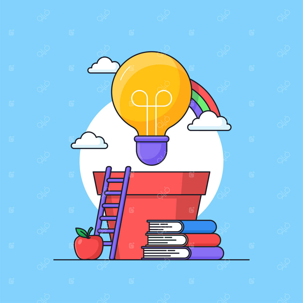 رشدی ایده‌های خلاقانه: طراحی بصری با مفهوم لامپ روشن در گلدان و کتاب‌ها