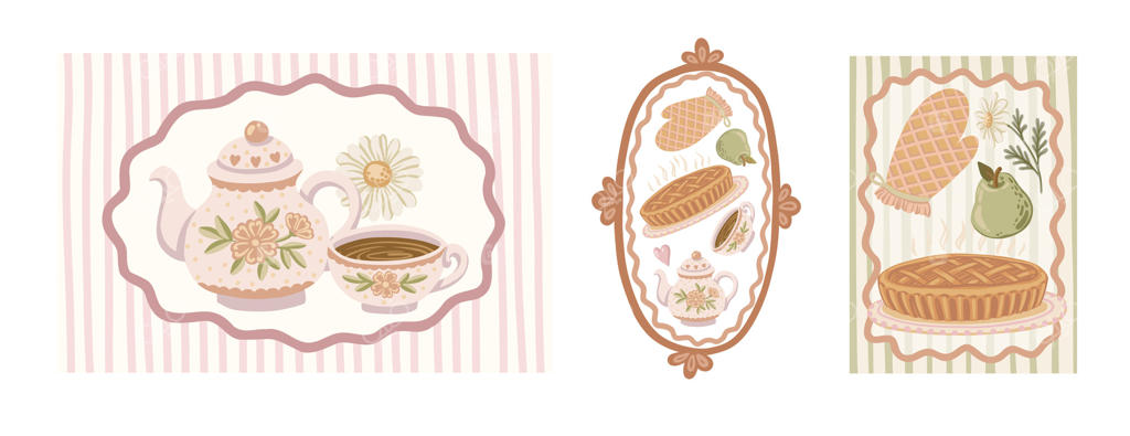 مجموعه چای خوری قدیمی و تصویرسازی دسرهای زیبا - فایل وکتور حرفه‌ای