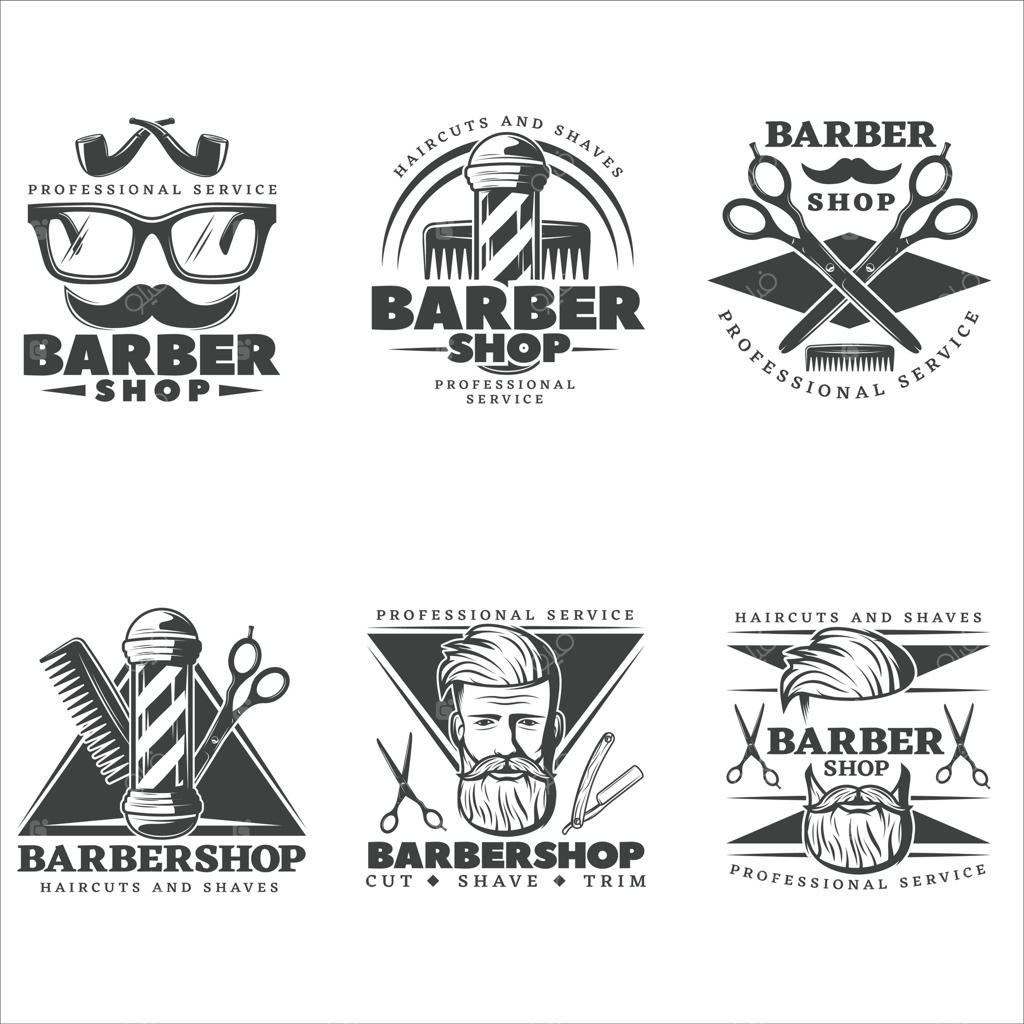 مجموعه‌ای از نه برچسب باربر هیپستر قدیمی با نمادها و علائم تزئینی و تجهیزات حرفه‌ای