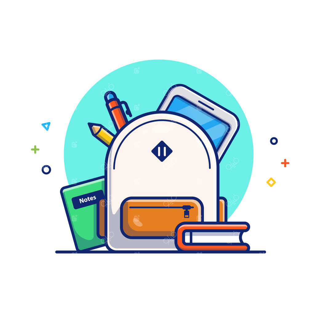 کوله‌پشتی، کتاب، یادداشت، مداد، خودکار و تبلت - تصویرسازی وکتور کارتونی. مفهوم آیکون فناوری آموزشی. وکتور ممتاز. سبک کارتونی فلت.