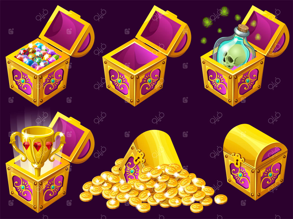 تصاویر ایزومتریک صندوقچه‌های کارتونی با گنجینه‌ها.