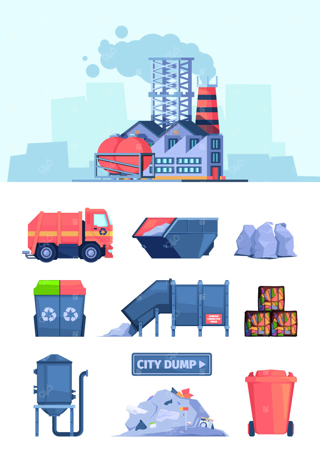 فرایندهای بازیافت خودروها برای ماشین‌های صنعت مرتب‌سازی زباله و تمیز کردن زباله‌ها، تصاویر برداری خیره‌کننده به سبک تخت