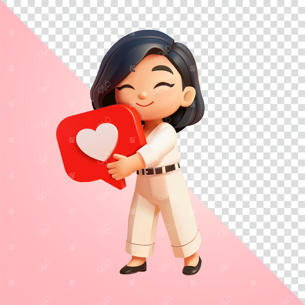 زن در حال در آغوش کشیدن نماد قلب، سه‌بعدی. مناسب برای شبکه‌های اجتماعی و تبلیغات