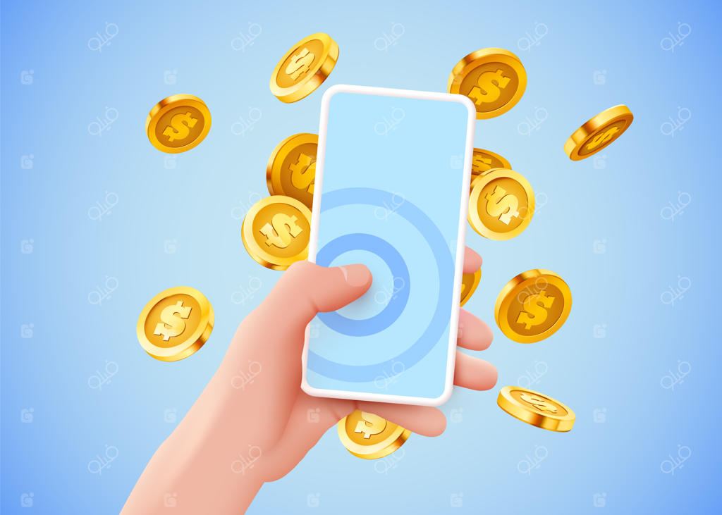 موبایل در دست با سکه‌های دلاری در حال پرواز - مفهوم بانکداری آنلاین