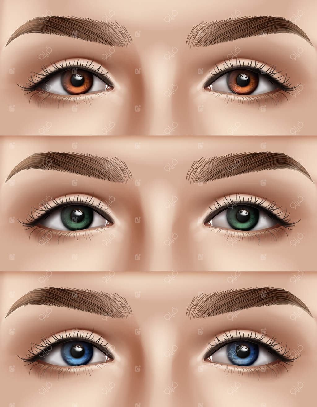 مجموعه‌ای از چهره‌های زن با چشم‌های آبی، سبز و قهوه‌ای