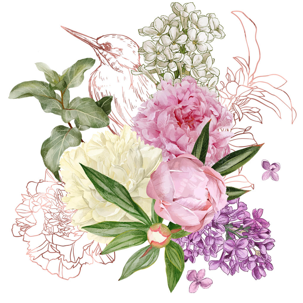 دسته گل مجلل با صد تومانی و یاس بنفش و پرنده‌ای به رنگ طلای رز