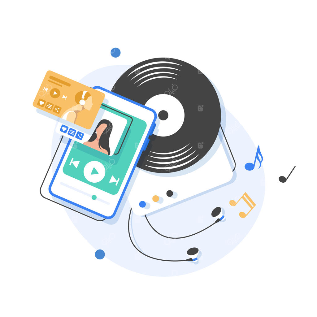 تصویرسازی پخش و گوش دادن به موسیقی با طراحی تخت