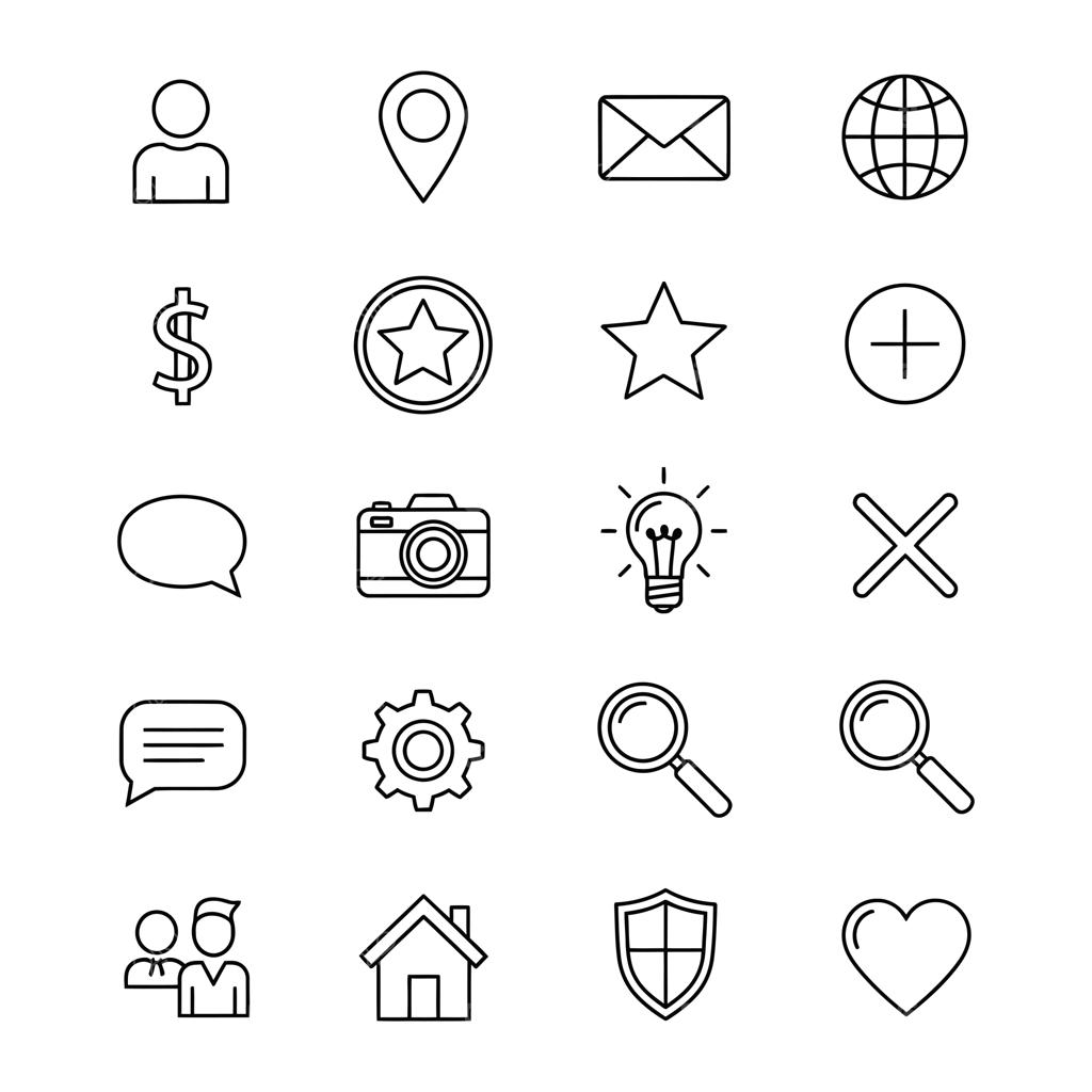 مجموعه آیکون‌های خطی کاربر، موقعیت، ایمیل، کره زمین، دلار، ستاره، علامت مثبت، حباب گفتگو، دوربین، لامپ، ضربدر، تنظیمات، ذره‌بین، گروه، خانه، سپر و قلب