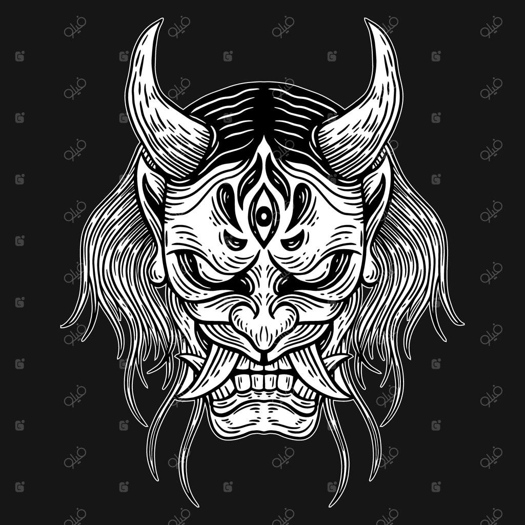 نقاب شیطان ژاپنی در هنر تاریک با موهای بلند و جمجمه به سبک طراحی دستی