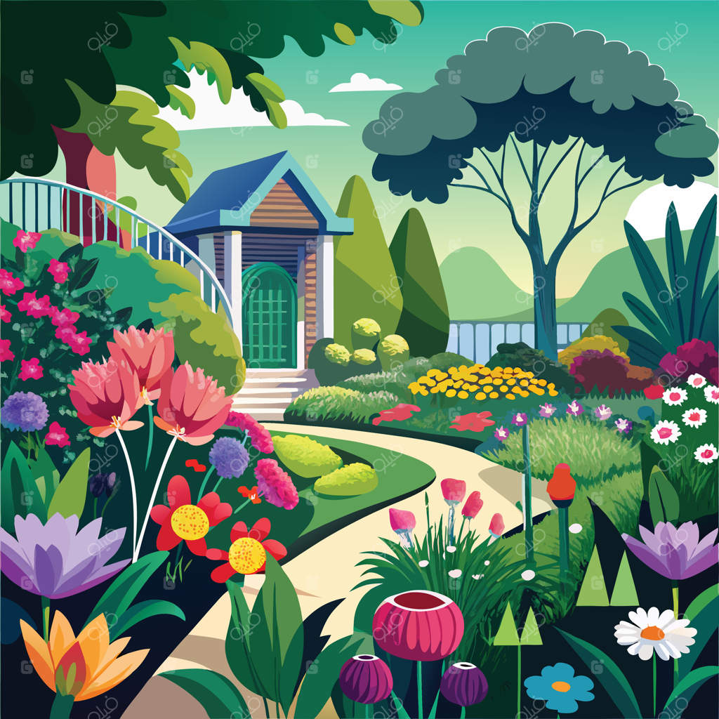 تصویری کارتونی از باغی با گل‌ها و درختان
