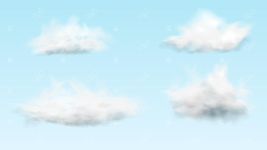 رندر سه‌بعدی از چهار ابر سفید واقعی در زمینه آسمان آبی روشن