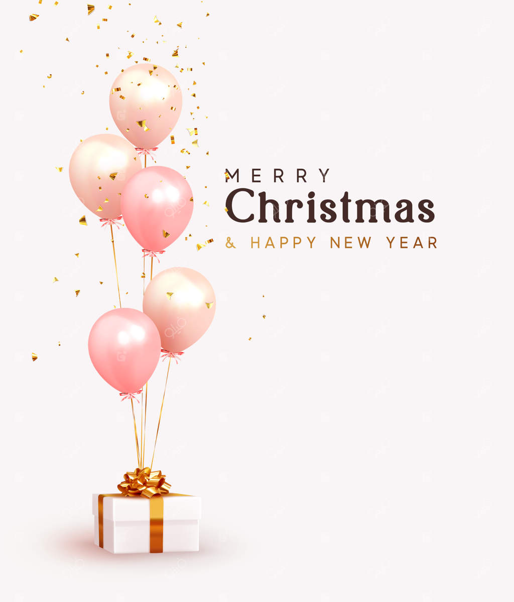 پس‌زمینه کریسمس: طراحی جشنواره‌ای با بادکنک‌های هلیومی و جعبه هدیه. پوستر و بنر برای سالگرد شادی‌بخش. عناصر دکوری واقعی و سه‌بعدی، بادکنک با روبان در رنگ‌های صورتی و مرجانی.