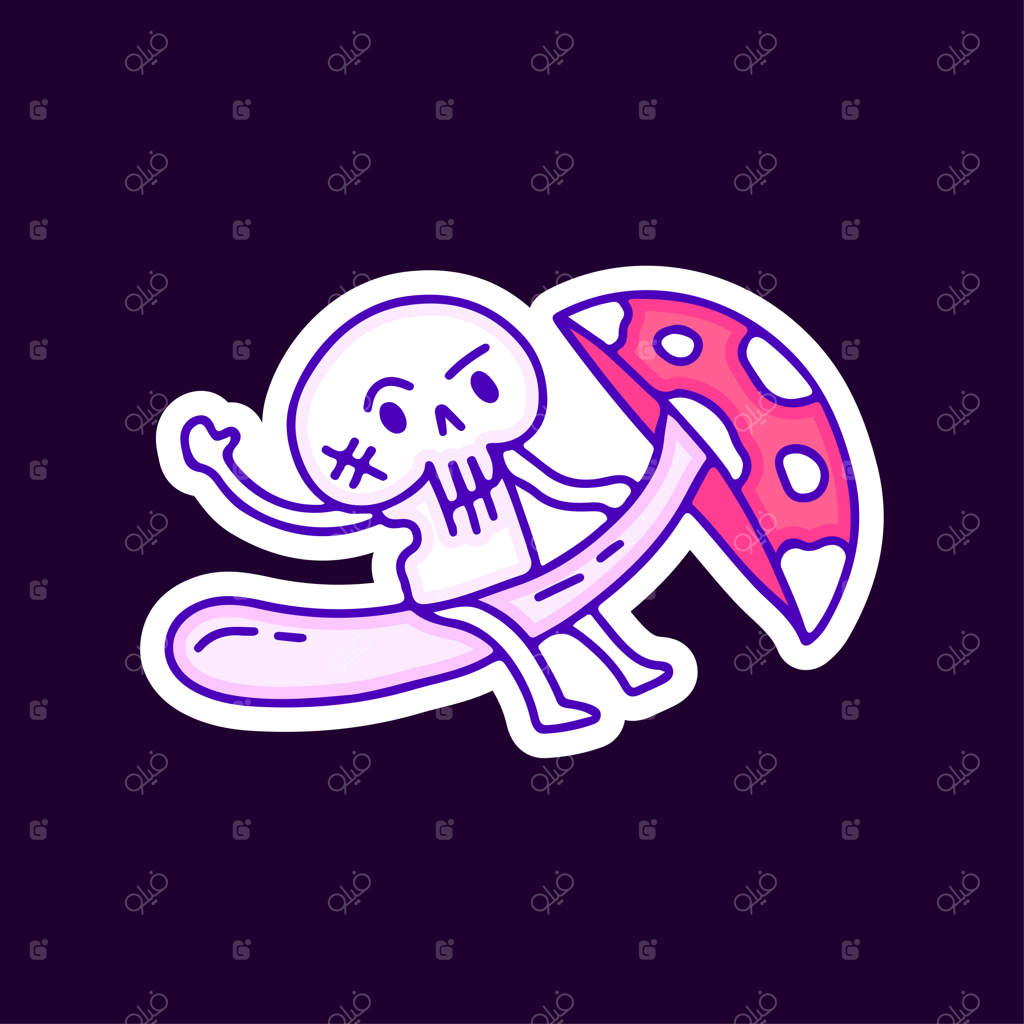 شخصیت جمجمه سوار بر قارچ - تصویرسازی برای تی‌شرت و برچسب.