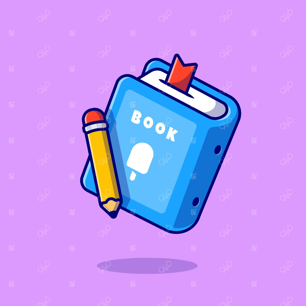 وکتور کارتونی کتاب و مداد. آیکون لوازم آموزشی، وکتور پریمیوم مجزا. سبک کارتونی تخت