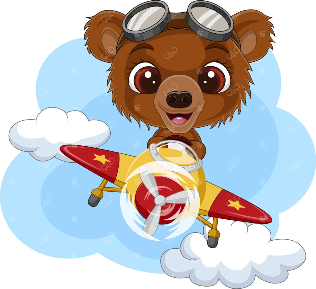 بچه خرس کارتونی در حال هدایت هواپیما