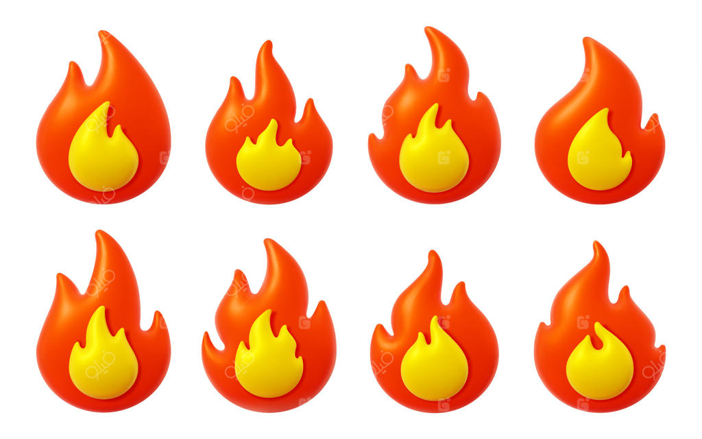 مجموعه‌ای از آیکون‌های شعله‌های آتش سه‌بعدی، شعله‌های سوزان جداگانه