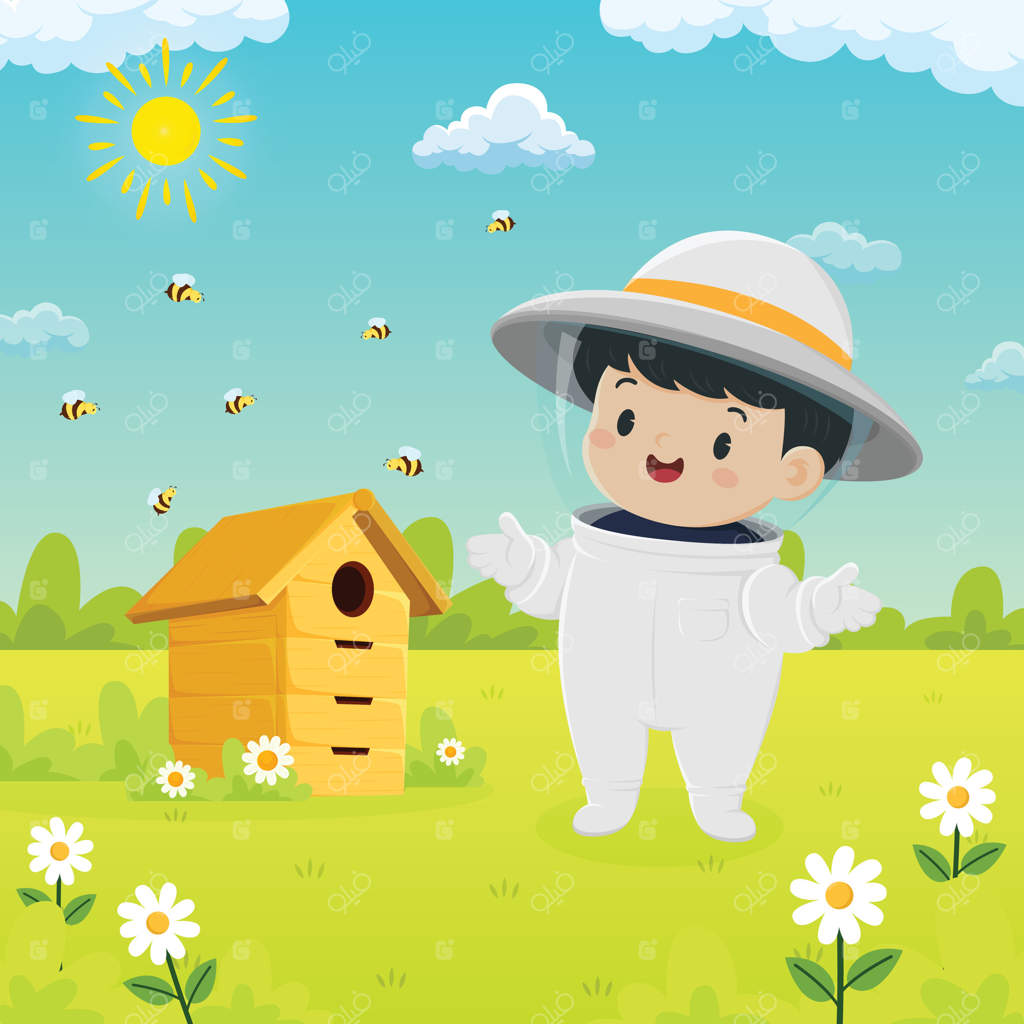 شخصیت کارتونی کودکی با لباس زنبورداری در طبیعت با زنبورها و گل‌ها در باغ تابستانی