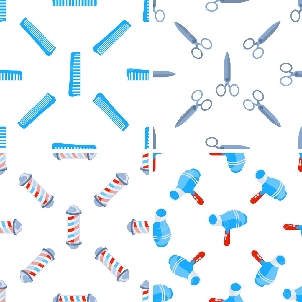 طرح یکپارچه با ابزار آرایشگری شامل شانه‌ها، قیچی‌ها، سشوار و پایه‌های آرایشگر