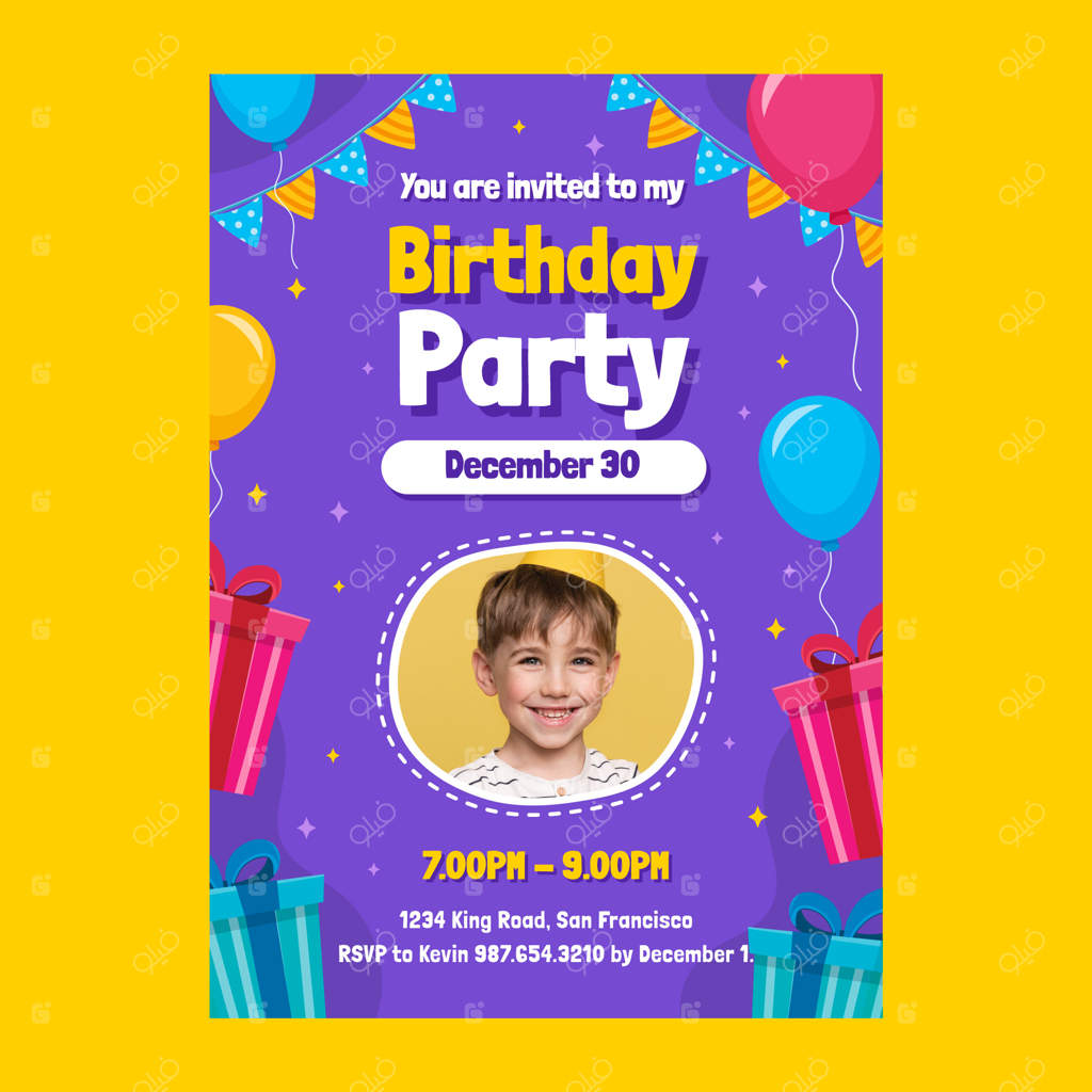 قالب پوستر تولد با طراحی تخت و بادکنک‌ها