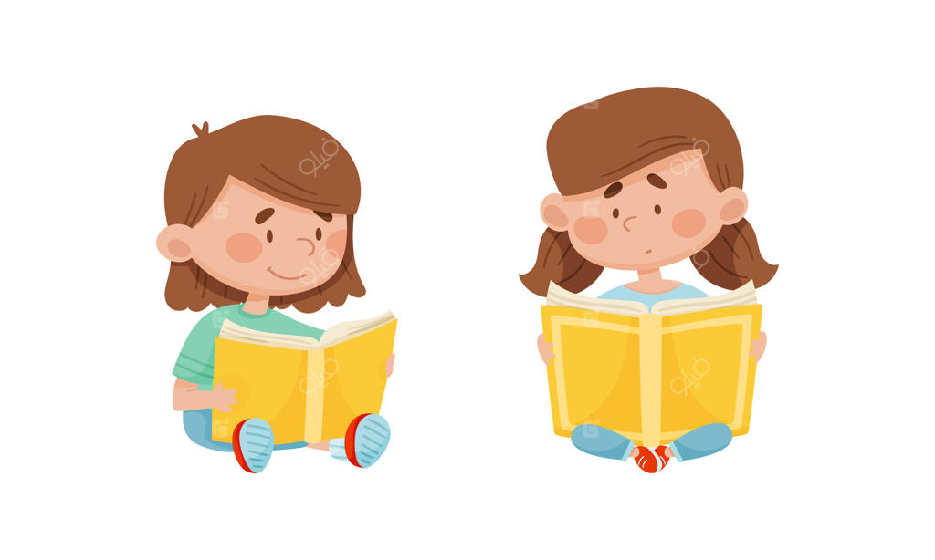 دختر بامزه‌ای در حال مطالعه کتاب‌ها. دانش‌آموزان مدرسه ابتدایی با کتاب‌ها. تصویر کارتونی آموزشی کودکان