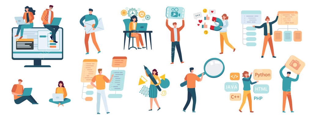 برنامه‌نویسان، توسعه‌دهندگان و طراحان. متخصصان فناوری اطلاعات، فریلنسرها، گیمرها، مدیران شبکه‌های اجتماعی و توسعه‌دهندگان وب. افراد در حال کار با کامپیوتر - مجموعه وکتور. تصویرسازی برنامه‌نویس و طراح توسعه‌دهنده