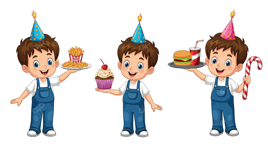 پسربچه‌های کارتونی با کلاه بوقی در حال پذیرایی با غذا برای جشن یا مهمانی تولد