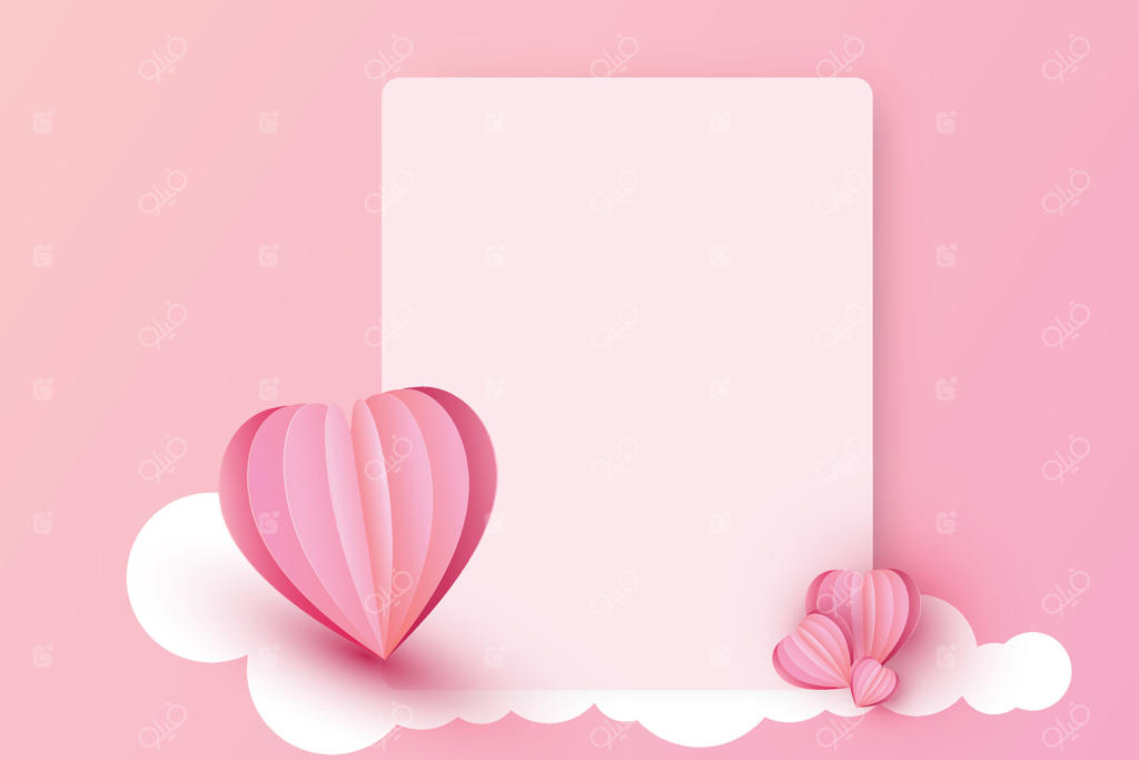 عناصر برش کاغذی به شکل قلب بر روی قاب مستطیلی با فضای خالی و پس‌زمینه صورتی شیرین. نمادهای عشق برای طراحی کارت تبریک روز ولنتاین و تولد.