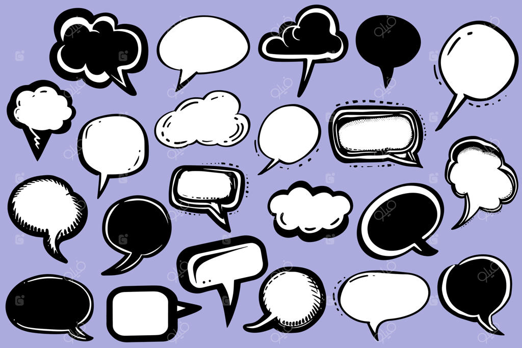 مجموعه‌ای از حباب‌های گفتاری خالی دست‌کشیده. حباب‌ کلامی و چت. طرح‌های جذاب و کمیک. نقاشی آزادانه