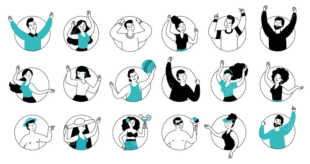 تصاویر دوستانه افراد در آواتارهای گرد - مجموعه وکتور مردان و زنانی با ظاهر هیپستر و تابستانی - گفتگوهای کاری و پرتره‌های کارمندان