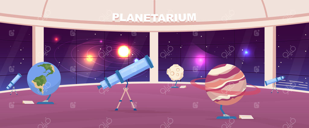 نمایشگاه خالی آسمان‌نما به رنگ تخت. نمایشگاه عمومی تعاملی ستاره‌شناسی. نمایش سیارات. موزه نجوم با دکوراسیون داخلی کارتونی دو بعدی و آسمان شب پانورامایی در پس‌زمینه.