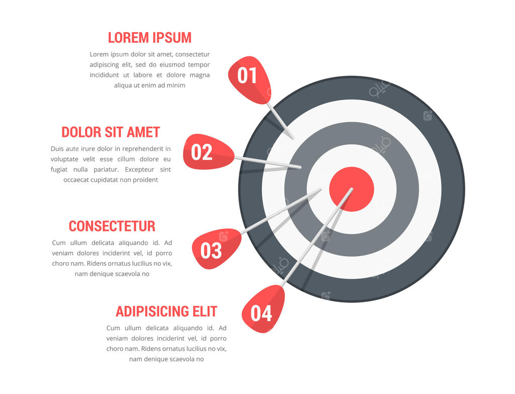 الگوی اینفوگرافیک: هدف خاکستری با چهار پیکان همراه با اعداد و متن، تصویرسازی وکتور EPS10