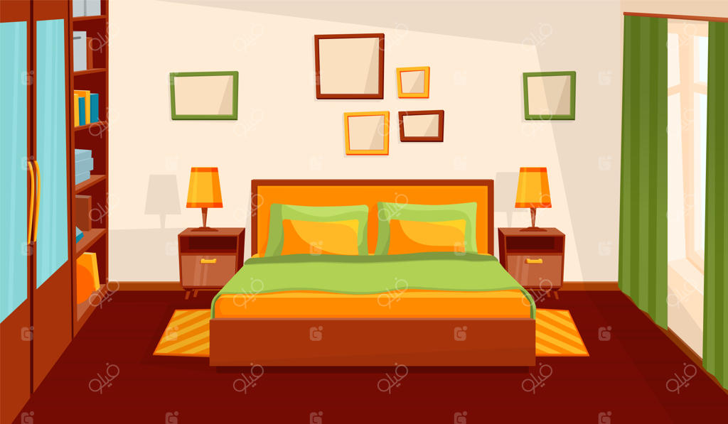 فضای داخلی دنج اتاق خواب - آپارتمان راحت با پنجره، تخت مدرن و میز، آینه و تصویرسازی وکتوری جدید