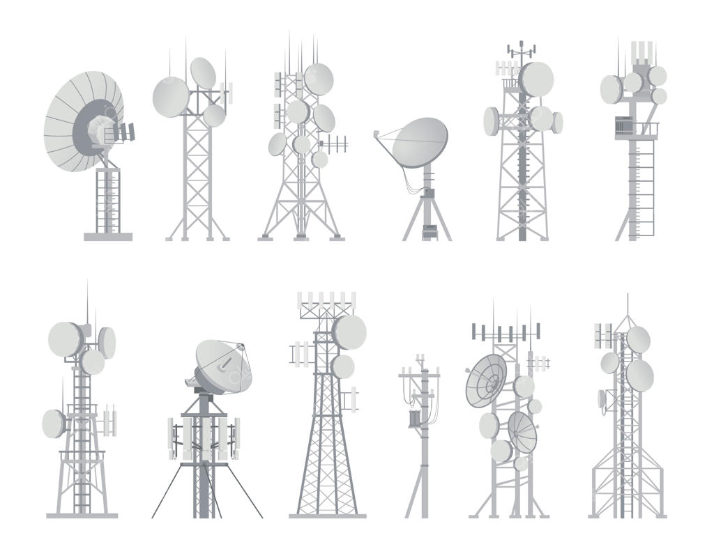 مجموعه وکتور آنتن‌های بی‌سیم و هوایی، تجهیزات دیجیتال انتقال سیگنال و داده، دکل‌های اینترنت و موبایل و سازه‌های مخابراتی و پخش