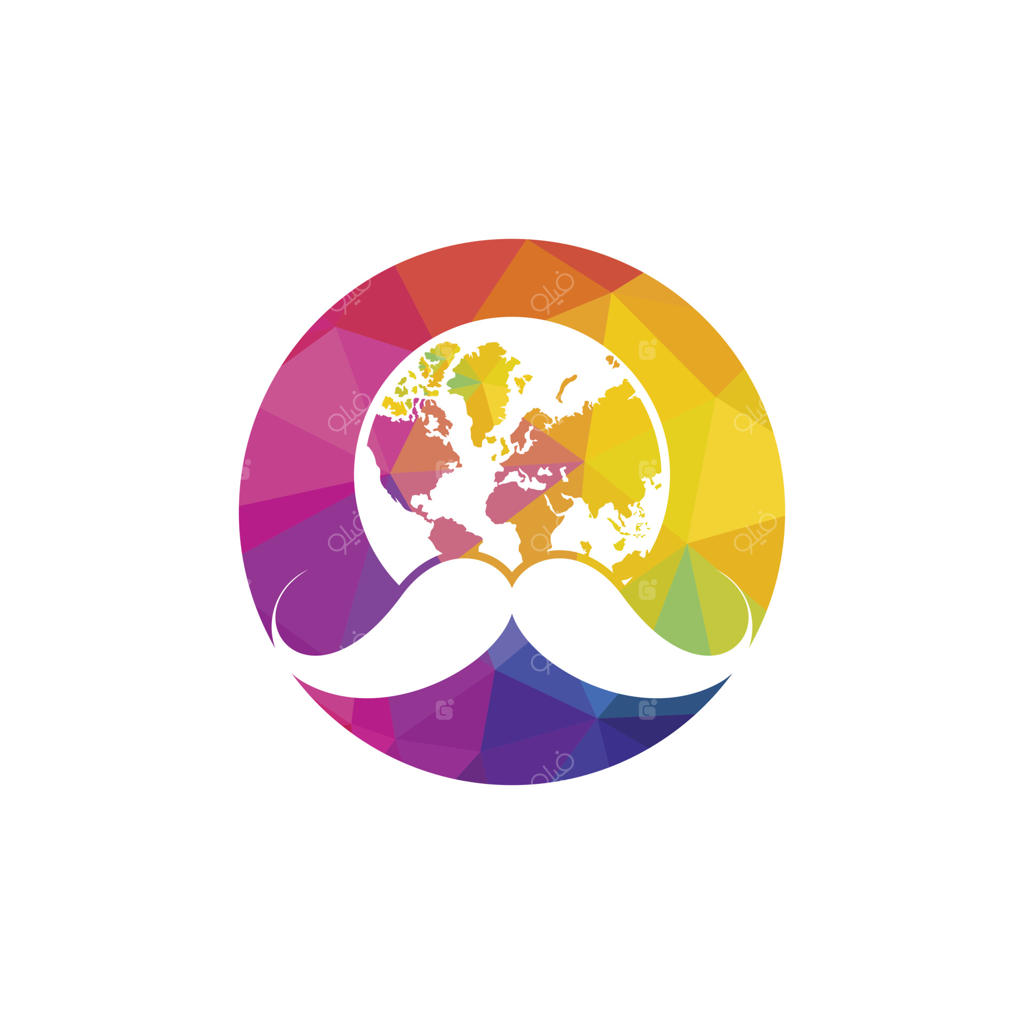 قالب طراحی لوگوی وکتور آرایشگری جهان. طراحی لوگو با نماد سبیل و کره زمین.