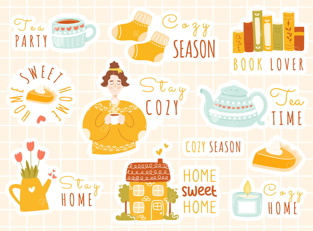 عناصر مجموعه استیکرهای دنج به سبک کارتونی ساده - خانه گرم و نرم، با دختر زیبایی که فنجان چای یا قهوه در دست دارد، همیشه گرم و نرم بمانید، زمان چای، عاشق کتاب، خانه دنج. جوراب‌های بافتنی، قوری و غیره.