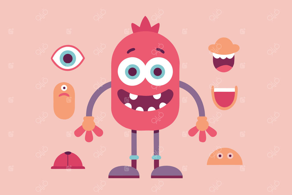 هیولای کارتونی با اجزای صورت جدا شده و پس‌زمینه هلویی با سبک طراحی بازیگوش
