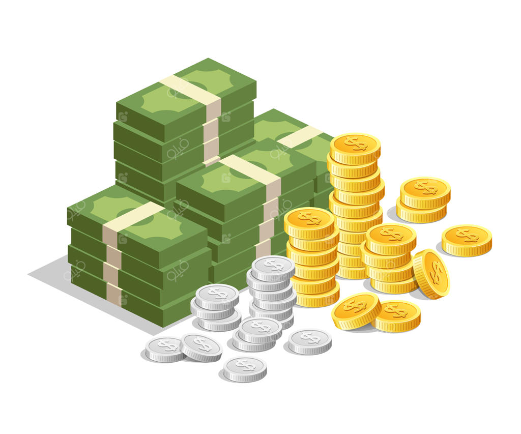 اسکناس پول با سکه‌های طلا و نقره