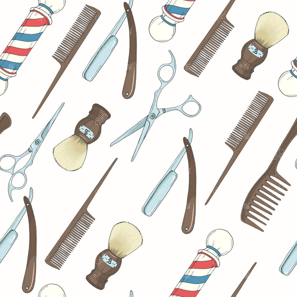 پترن یکپارچه آرایشگاه با طرح دستی رنگی از تیغ، قیچی، برس اصلاح، شانه و میله کلاسیک آرایشگاه.