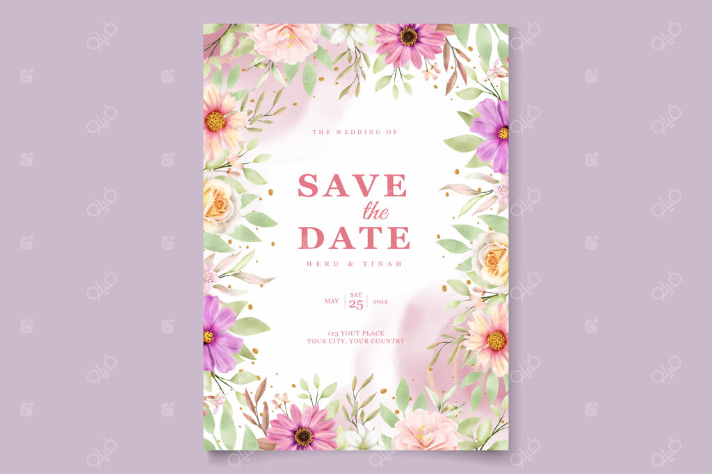 کارت دعوت عروسی با طراحی گل داوودی آبرنگی