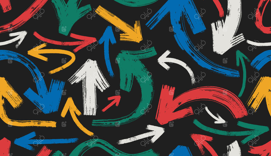 قلم‌مو با الگوی یکپارچه: پیکان‌هایی با ضخامت‌های مختلف که با مداد شمعی کشیده شده است. پیکان‌های طرح دستی و برزگ در جهات مختلف. الگوی یکپارچه خطی با طرح‌های گوناگون پیکان در جهت‌ها و سبک‌های متنوع.