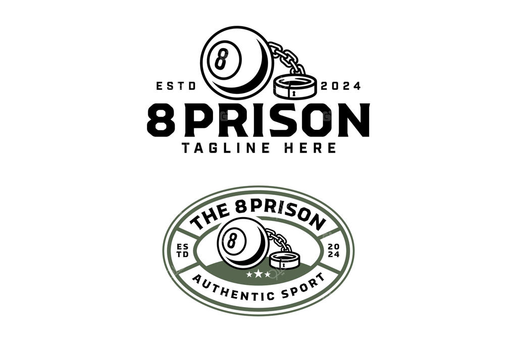 طراحی لوگو با طرح کلی توپ بیلیارد شماره ۸ و پابند. طراحی لوگو توپ بیلیارد مشکی ۸ با زنجیر و دستبند. مجموعه طراحی خطی توپ بیلیارد با دستبند برای باشگاه و مسابقات بیلیارد.