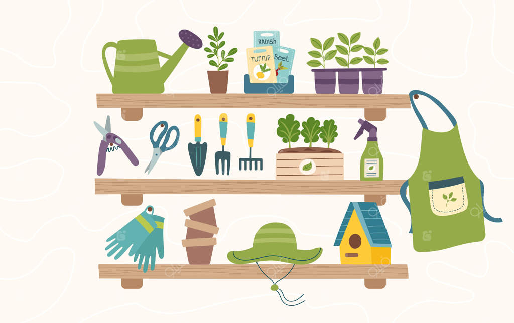 بنر مفهومی باغبانی با نهال‌ها، بذرها و ابزار باغ. مفهوم بهار، باغبانی، کشاورزی و سبزینگی.