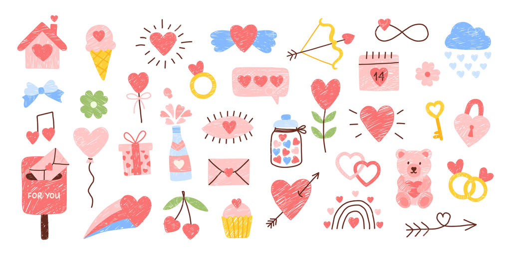 ست ک doodle کودکانه ولنتاین با مدادشمعی و قلب‌های بامزه. طراحی عاشقانه با گچ. آیکون طراحی ساده با مداد. نقاشی دست‌ساز بچه‌ها.