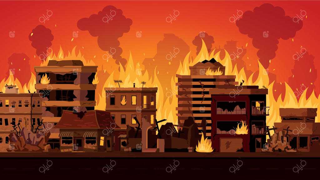 چشم‌انداز کارتونی شهر آخرالزمانی با ساختمان ویران در حال سوختن. منظره شهری با خانه‌های خیابانی سوخته و دود. مفهوم وکتور آتش‌سوزی در شهر