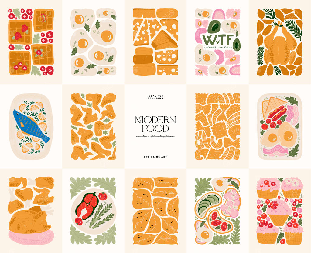 پوستر رستوران با سبک مینیمال و مدرن ماتیس، عناصر انتزاعی غذا و ترکیب‌بندی سالم