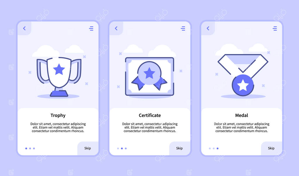 صفحه ورود به اپلیکیشن موبایل با قالب بنر برای جایزه، گواهینامه و مدال در UI