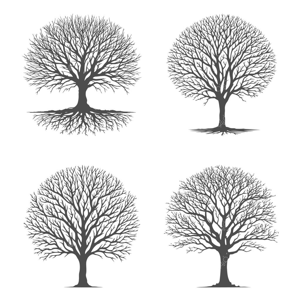 تصویرسازی وکتور سیلوئت درختان سیاه و خشک بدون برگ با پس‌زمینه طبیعت سبز