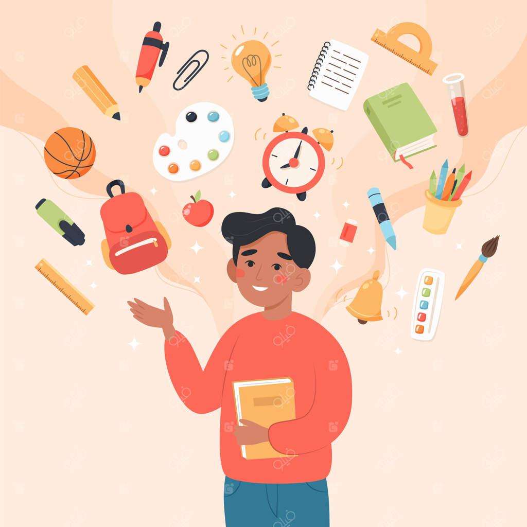 معلم با عناصر مدرسه: مفهوم مدرسه و یادگیری، روز معلم