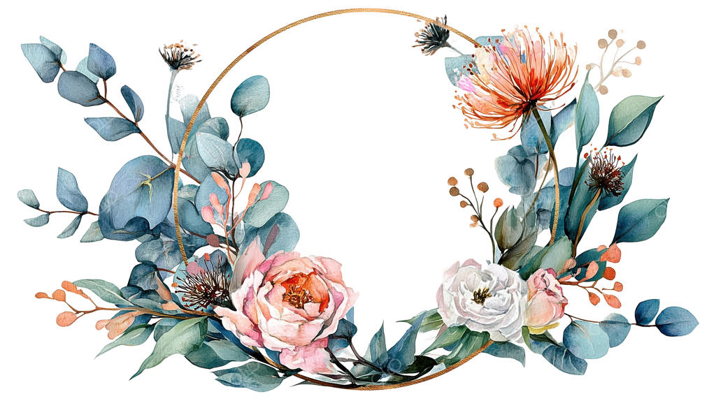 حلقه گل آبرنگی با اکالیپتوس سبزآبی و شکوفه‌های لطیف